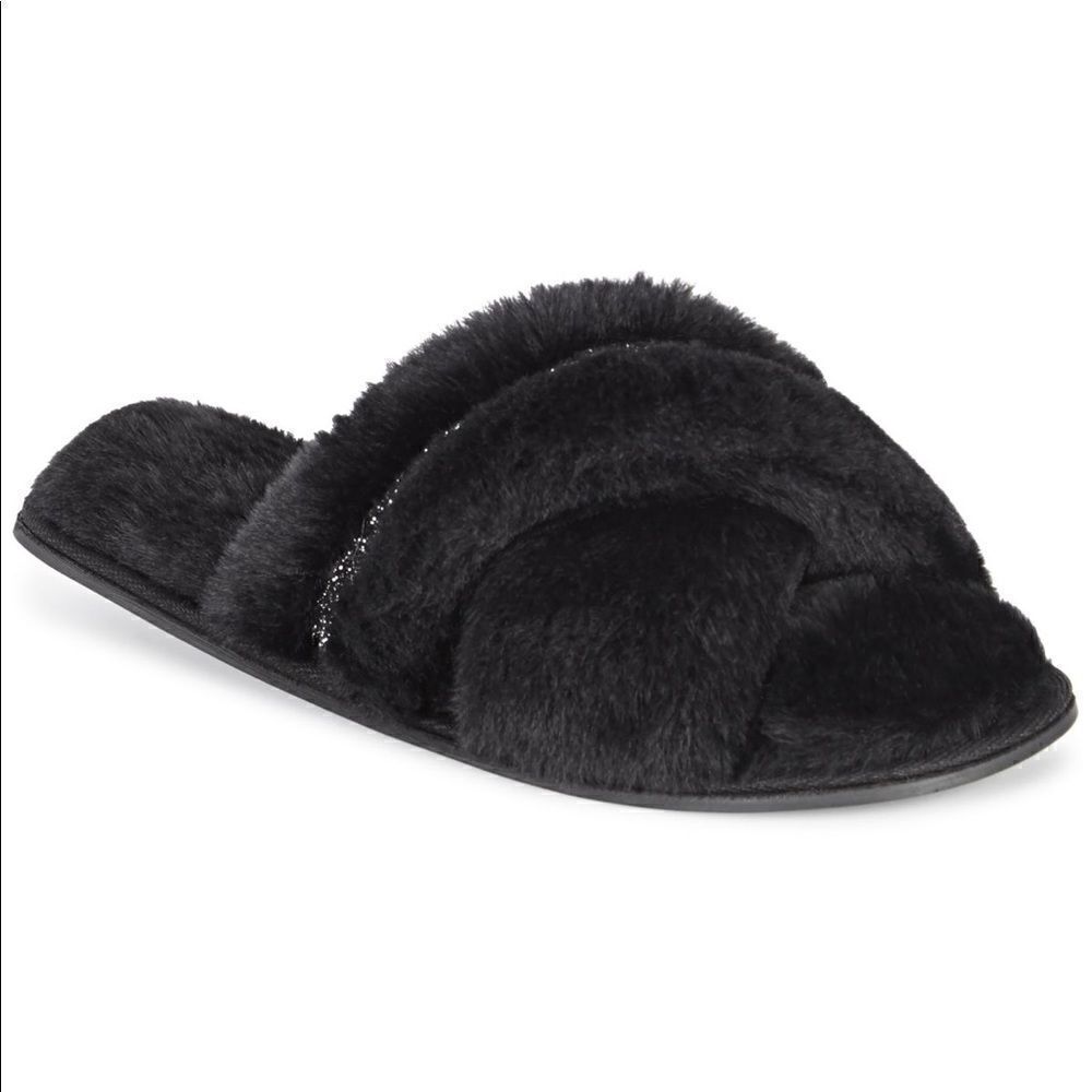 INC Womens Faux-Fur Crossband Slippers Black NWT